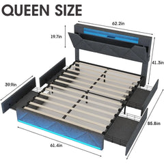 Queen Bed Frame with Storage Headboard and 4 Drawers,Upholstered Platform with Charging Station and Led Adjustable Headboard