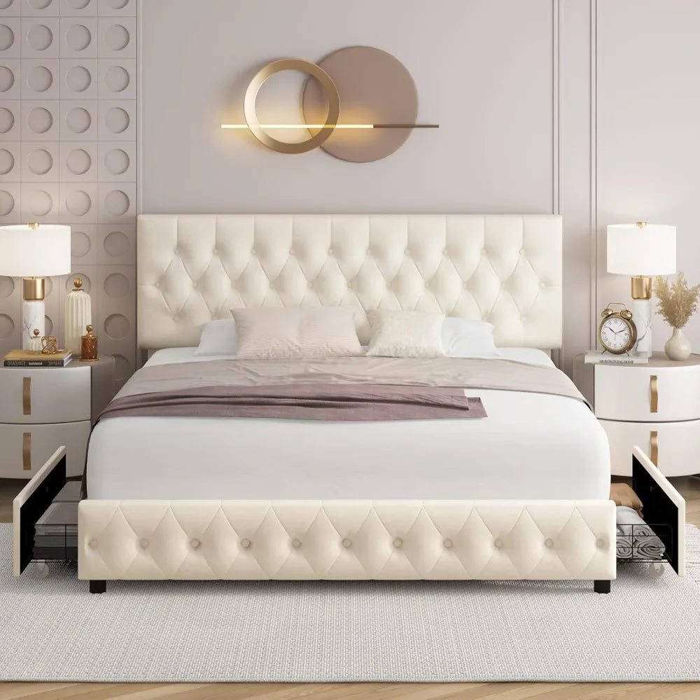 King Size Bed Frame with 4 Storage Drawers, Button Tufted Headboard Design, Soft Velvet, Modern Upholstered Bed Frame