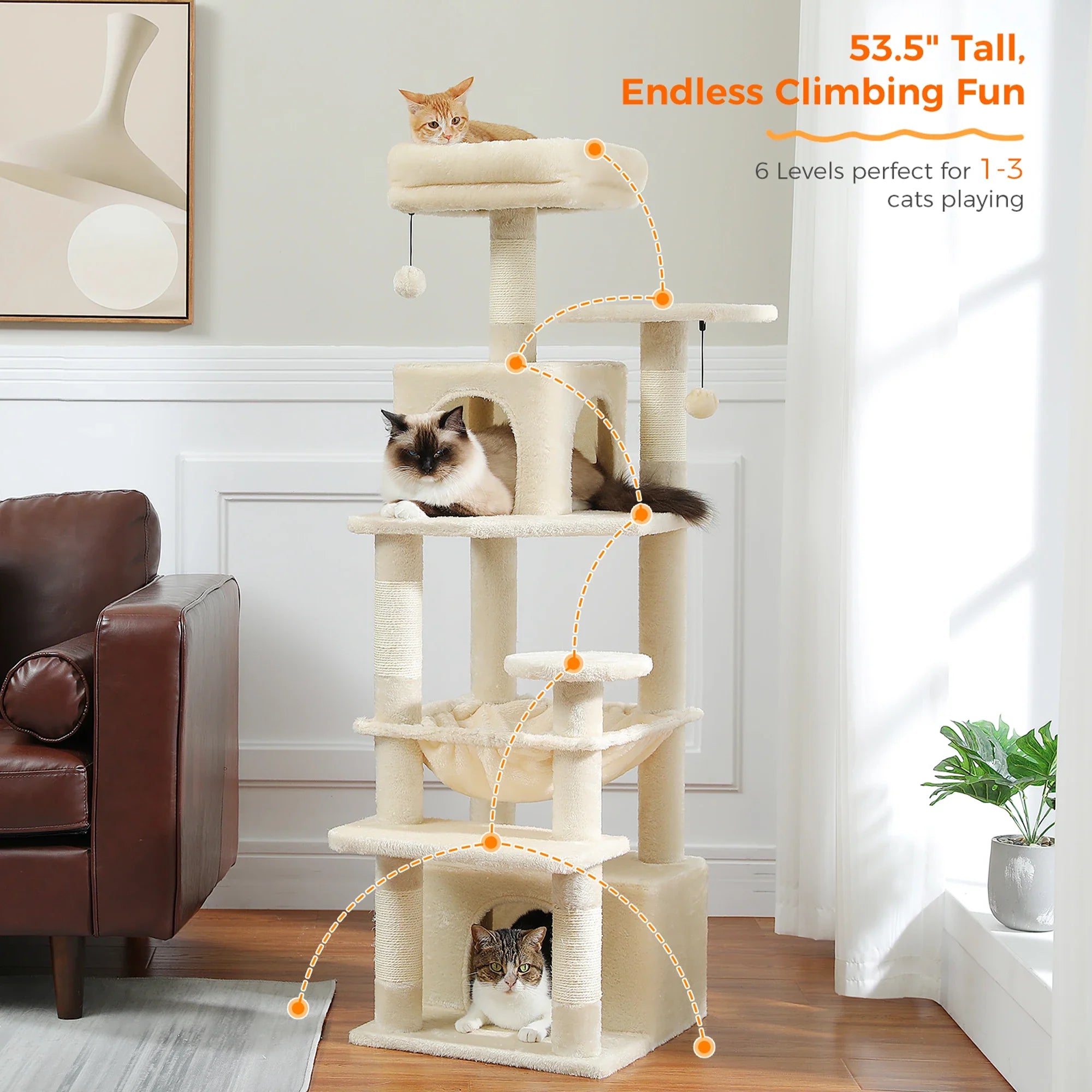 H184CM Large Cat Tower with Sisal Scratching Posts Spacious Condo Perch Stable for Kitten Multi-Level Tower Indoor Cozy Hummocks