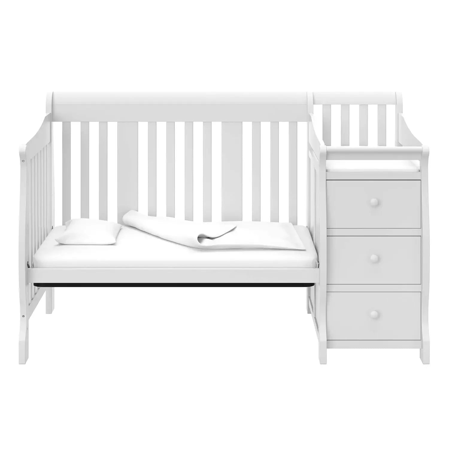 Storkcraft Portofino 5-in-1 Convertible Crib and Changer (White) – Changing-Table Combo with Drawer, Converts to Toddler Bed,