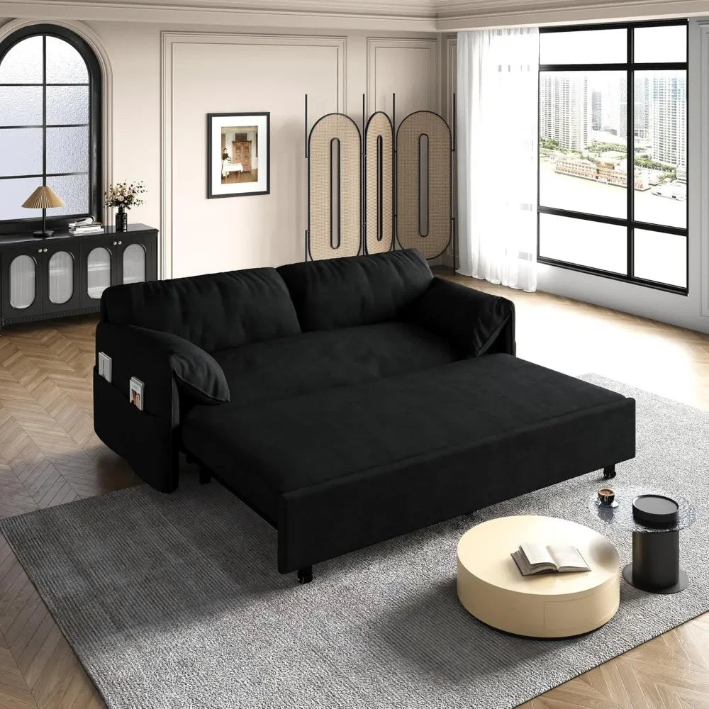 63.8" Futon Sofa Bed Queen Size, Pull Out Bed, 3-in-1 Convertible Sleeper Sofa with Side Pocket