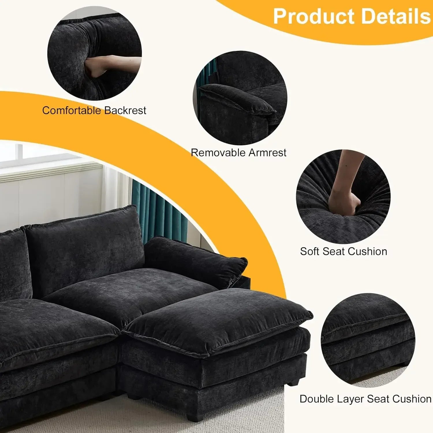 120" Convertible Sectional Sofa L-Shape Deep Seat Sofa Couch for Living Room Modern Chenille 3-Seat Sofa with Ottoman