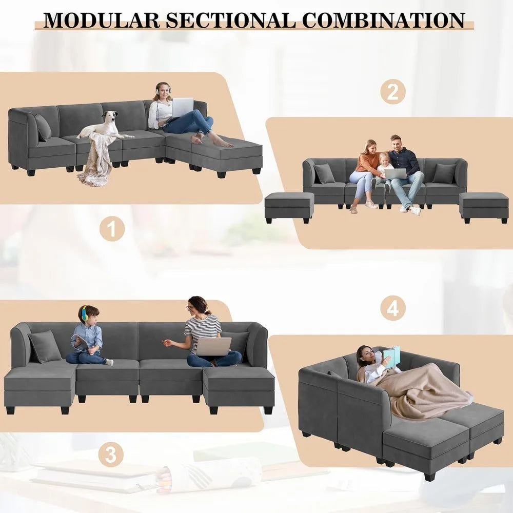 6 Pieces Sectional Sofas, with Reversible Chaise 116" 6-seat Modular Large Sectional Couch with Ottoman , Velvet U-Shaped Sofa