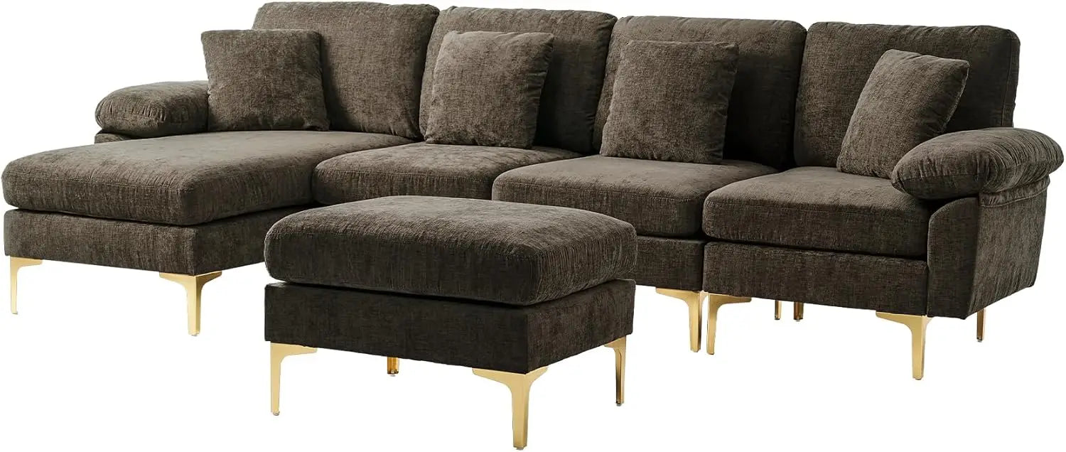 U-Shaped Sectional Sofa Couch, 4 Seat Sofa Set for Living Room, Convertible L-Shaped Velvet Couch Set with Chaise Lounge