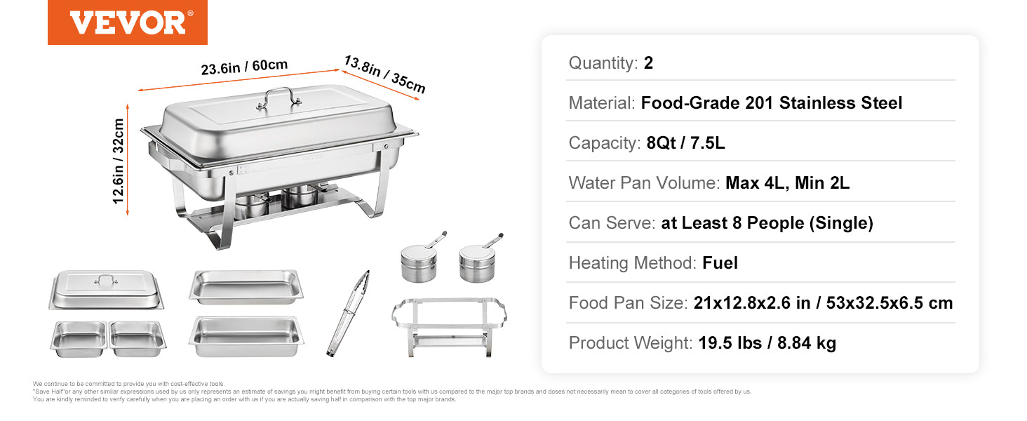 VEVOR 2/4/6 Packs 8QT Rectangle Chafing Dish w/ Full Size Pans Buffet Catering Warmer Server Folding Stand Fuel Holder Tray