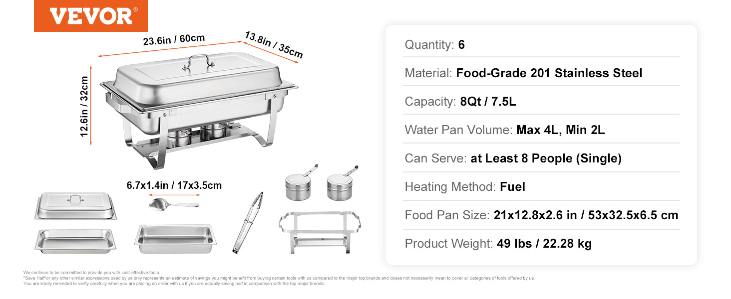 VEVOR 2/4/6 Packs 8QT Rectangle Chafing Dish w/ Full Size Pans Buffet Catering Warmer Server Folding Stand Fuel Holder Tray