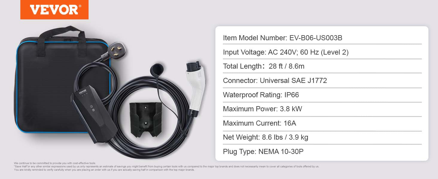 VEVOR Level 2/Level 1+2 Portable EV Charger 16Amp with 28Foot Charging Cable Adjustable Current Plug-in Home EV Charging Station