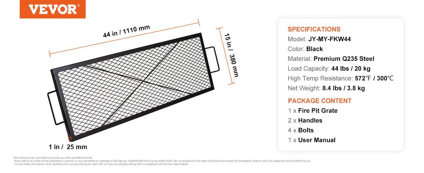 VEVOR X-Marks Fire Pit Grill Grate, Rectangle Portable Cooking Grate,  with Handle & Support X Wire,  Camping for Outside Party