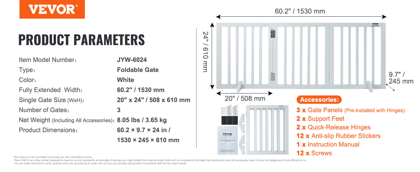 VEVOR Free Standing Dog Gate Freestanding Pet Gate 3 Panels Foldable Dog Gate for Narrow Passageways Expandable Dog Barrier