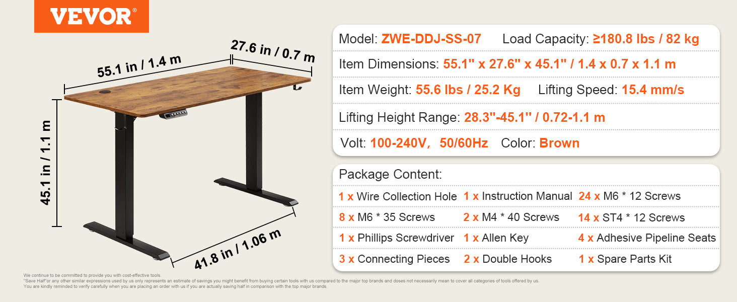 VEVOR Electric Standing Desk Height Adjustable Standing Desk W/ Dual Protecting System High Load Capacity Table for Home Office